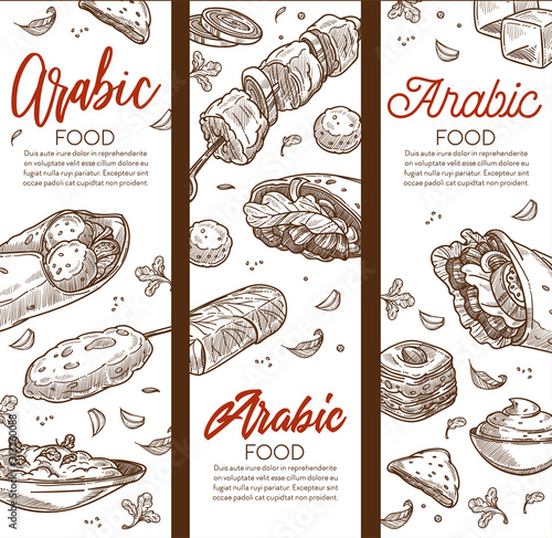 Arabic food sketch banners, Middle eastern cuisine