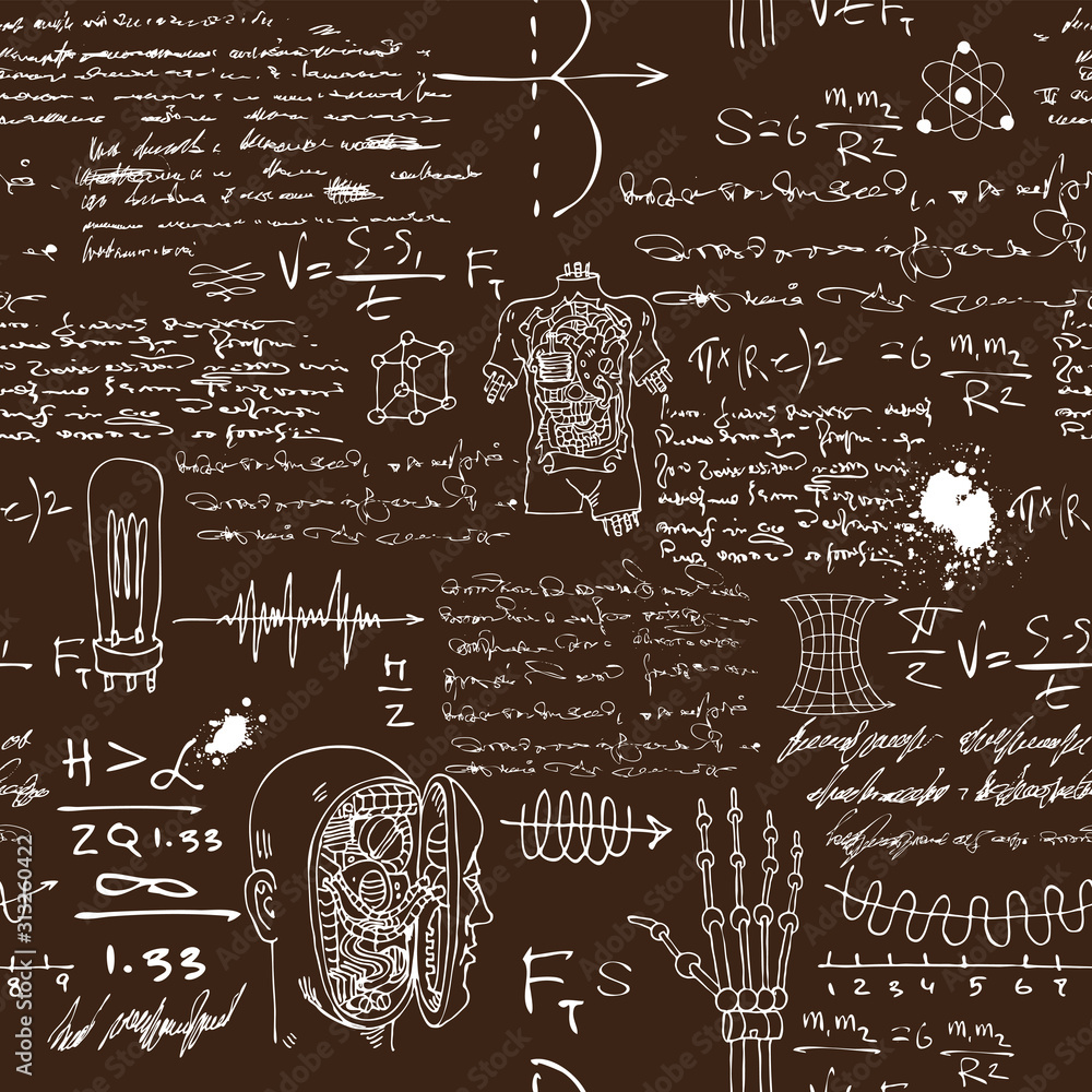 vector image of a seamless texture background in the style of sketches from the diary of a scientist inventor with formulas and notes