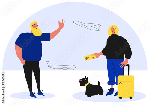 Cute flat vector illustration of young couple at airport. Woman says goodbye to her boy friend. Lady with yellow suitcase and black dog goes on trip overseas and holds plane ticket