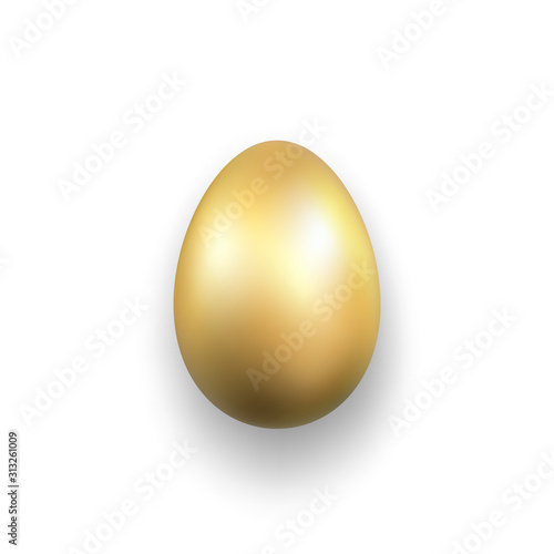Easter egg 3D icon. Gold egg, isolated white background. Golden design template, decoration Happy Easter celebration. Holiday element. Shiny pattern. Traditional symbol of spring. Vector illustration