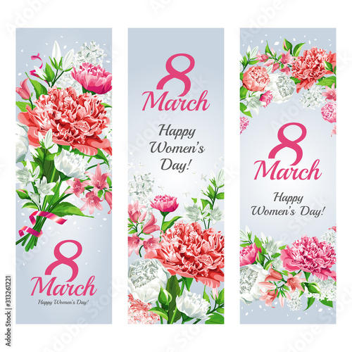 Set of vertical banners for holiday - 8 March Women's Day. Greeting card templates. Pink and white flowers: Peonies, Roses, Lilacs and Campanulas isolated on light background. 