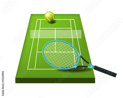 Court or course, tennis ball and racket, sport field