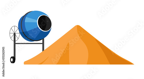 Sand pile and cement mixer isolated icon, construction site materials