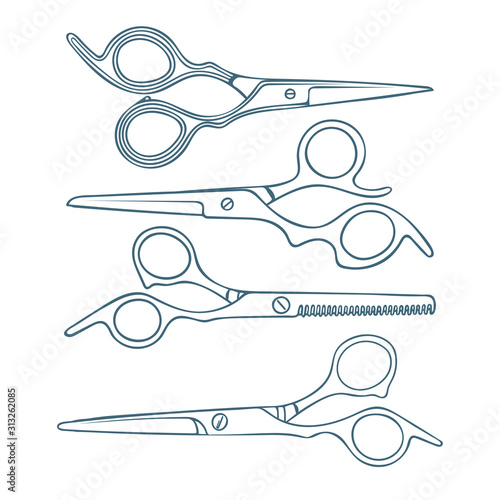 Barber scissors. Hand drawn barber scissors vector illustrations collection isolated on white background. Sketch drawing hair cutting open and close scissors graphics set. 
