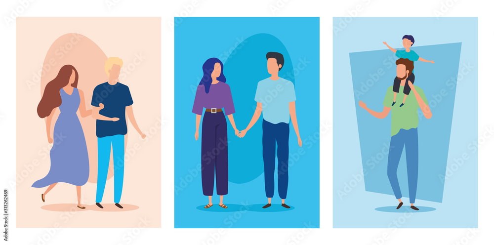 Naklejka premium set scenes with young people and father carrying son on shoulders design