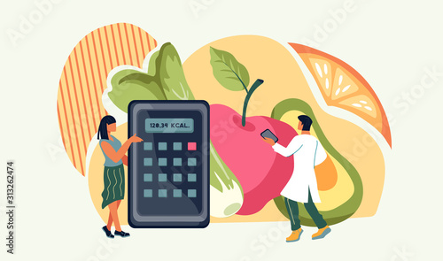 Nutritionists or dietologs assistance for healthy dieting banner with people characters on background with food icons. Nutrition plan for weight control, slimming and health. Flat vector Illustration.