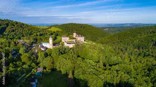 Aerial view on Castle Sovinec, Eulenburg, robust medieval fortress, one of the largest in Moravia, Czech republic.