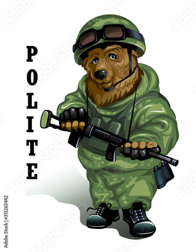 Polite Russian red bear in uniform with a weapon in his hands. Isolated on white. Vector illustration.