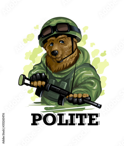 Portrait. Polite Russian red bear in uniform with a weapon in his hands. Vector illustration.