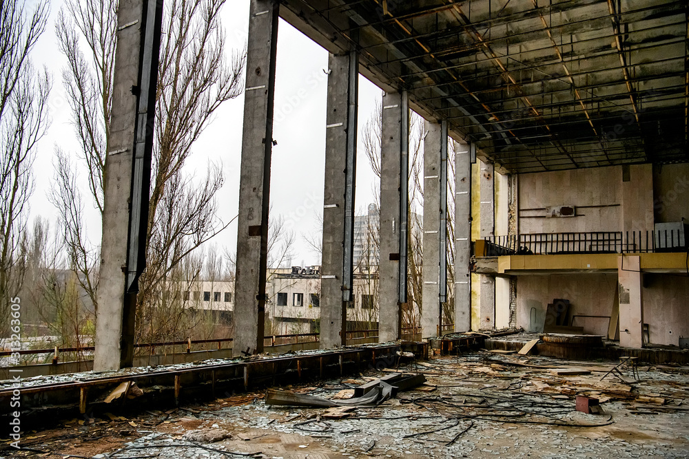 Interior of Palace of Culture in Prypiat in exclusion zone, near Chernobyl nuclear power plant, Ukraine. December 2019 Interior of Palace of Culture in Prypiat in exclusion zone, near Chernobyl nuclear power plant, Ukraine. December 2019