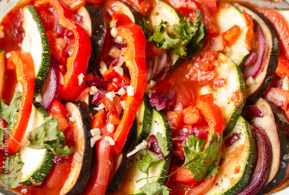 Pepper, tomato, onion, eggplant, stewed zucchini. Ratatouille, Tatar cuisine. Pepper, tomato, onion, eggplant, stewed zucchini. Ratatouille, Tatar cuisine.