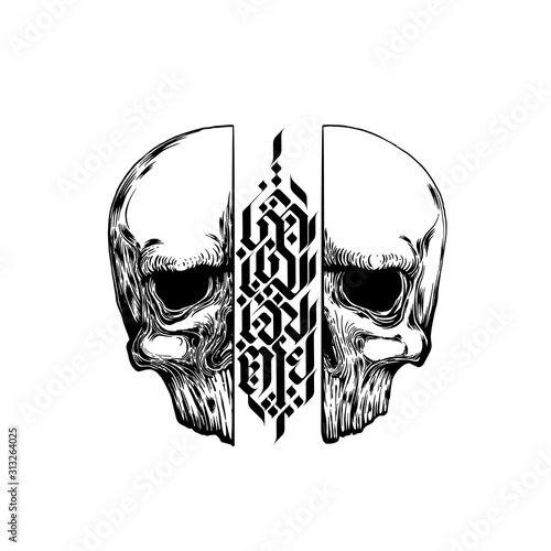 black and white illustration human skull with calligraphy style. template for card t-shirt and tattoo. tattoo design.