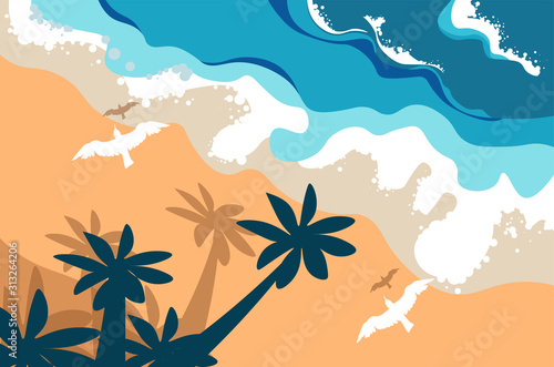 Beach summer landscape, tropical island, palms and flying birds