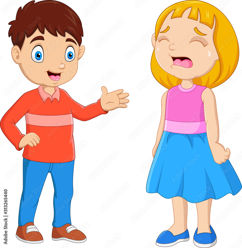 Cartoon little boy comforting a crying girl Cartoon little boy comforting a crying girl