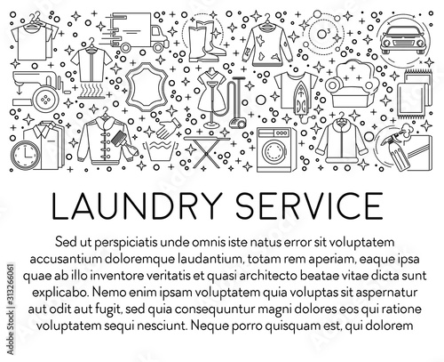 Laundry service or dry cleaners line icons banner, clothes washing