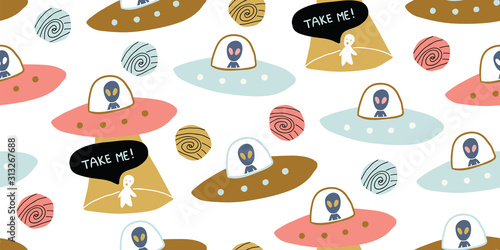 Childish seamless pattern - hand drawn cosmos ufo