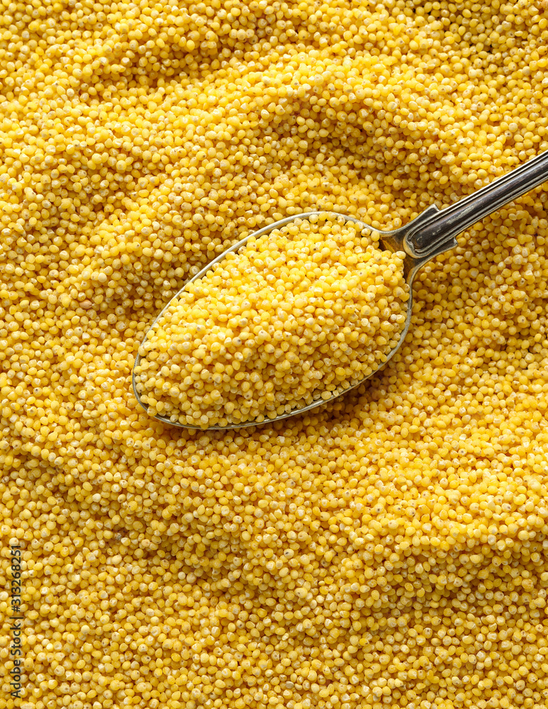 Millet cereal grains in spoon. Organic concept foto de Stock | Adobe Stock