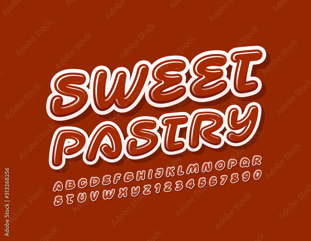 Vector tasty Sign Sweet Pastry. Bright Alphabet Letters and Numbers. Glossy Font for Marketing and Promotion.