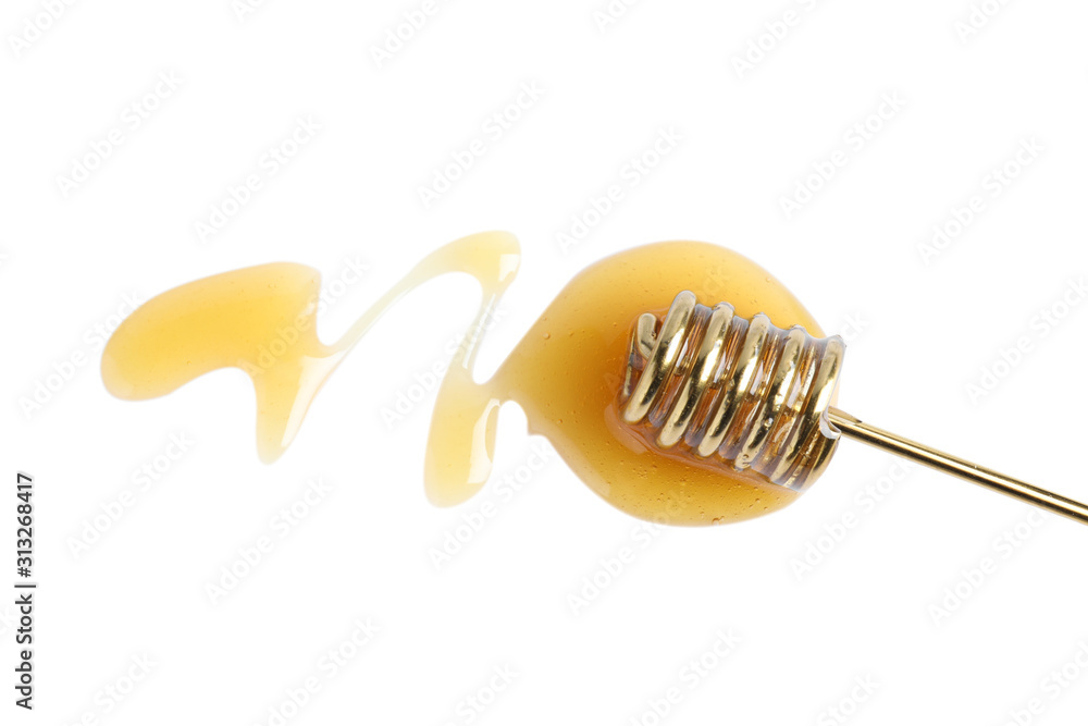 Drops of honey and dipper on white background, top view Drops of honey and dipper on white background, top view
