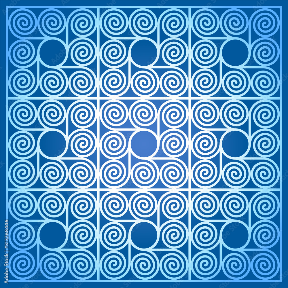 Blue colored background of nine square shaped tiles, made of arithmetic spirals around a circle. Pattern of Archimedean spirals of same intervals with a circle in the centre. Illustration. Vector.