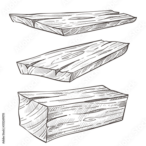 Wooden planks or wood, building materials isolated sketches