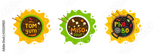 Tom yum, pho bo, miso soup in a bowl vector illustration of ingredients. Hand drawn food elements. Restaurant poster.