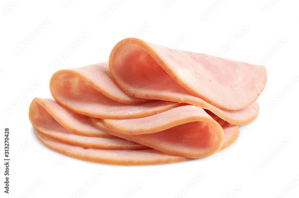 Slices of tasty fresh ham isolated on white Slices of tasty fresh ham isolated on white