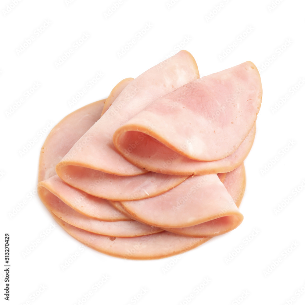 Slices of tasty fresh ham isolated on white Slices of tasty fresh ham isolated on white
