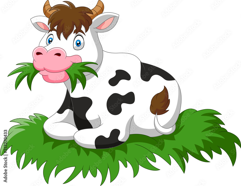 Cartoon cow sit eating grass Cartoon cow sit eating grass