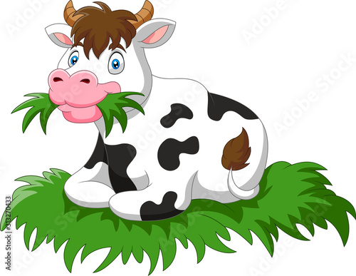 Cartoon cow sit eating grass