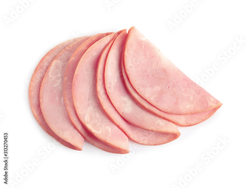 Slices of tasty fresh ham isolated on white, above view