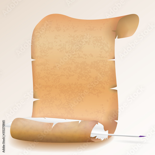 Old blank scroll paper and feather. Vector illustration.