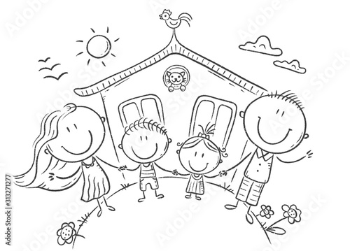 Happy family with two kids near their house, outline drawing