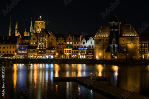 Architecture of old town in Gdansk at night, Poland