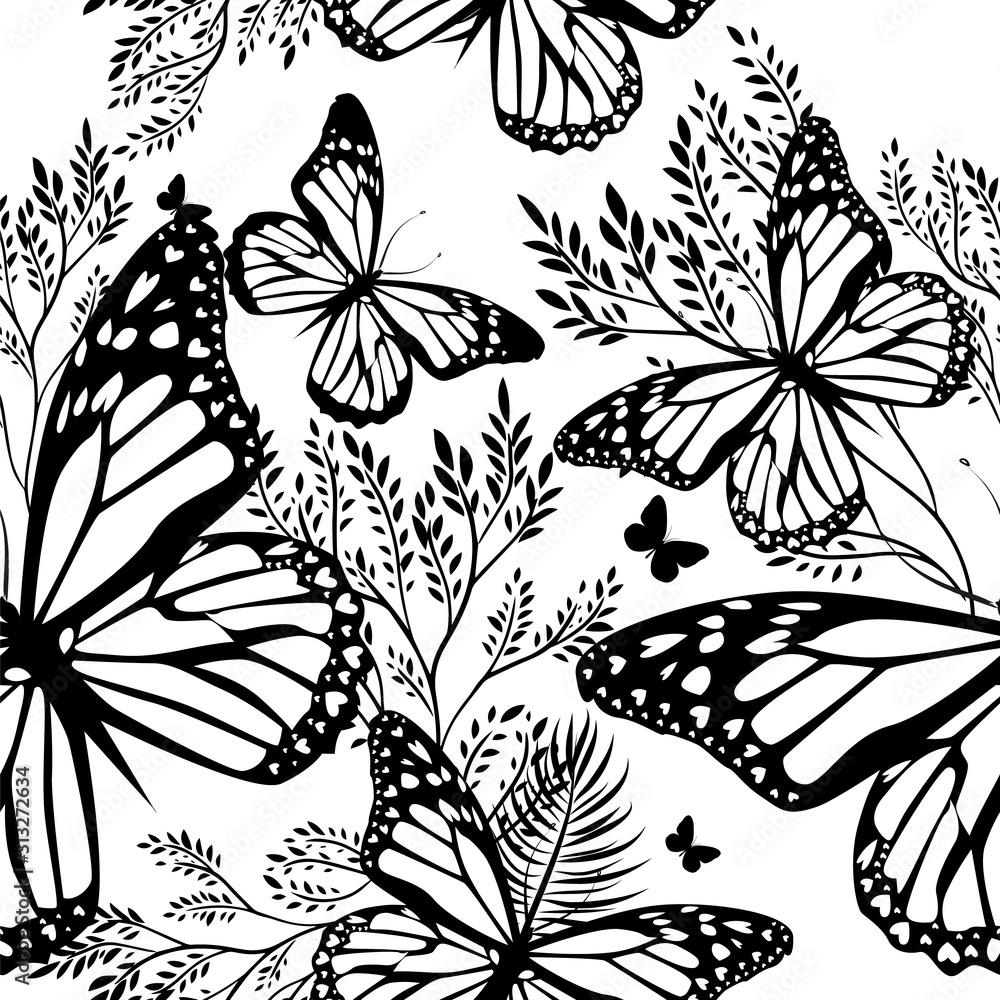 Fototapeta premium Abstraction summer. Flowers with butterflies. Seamless background. Vector illustration