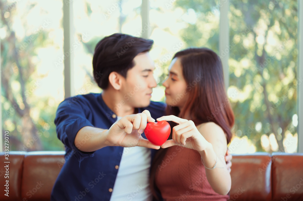 Portrait of cute sweet couple spending time together indoor, in house, apartment sitting on sofa looking to the side. Pleasure enjoyment delight recreation concept Portrait of cute sweet couple spending time together indoor, in house, apartment sitting on sofa looking to the side. Pleasure enjoyment delight recreation concept