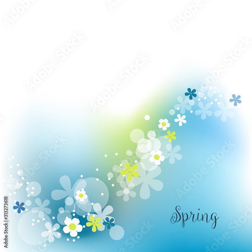 Spring decoration, cute flowers over blue and white background