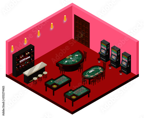 華やかなカジノの等角投影図（ゲームの名称入り）