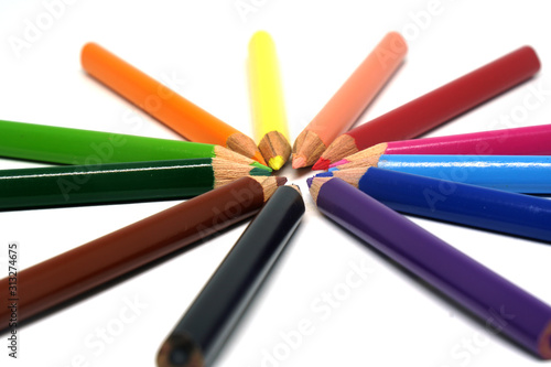 Object - Many Coloured pencil or crayon for drawing isolated with white  background - Back to school concept  © kittinit