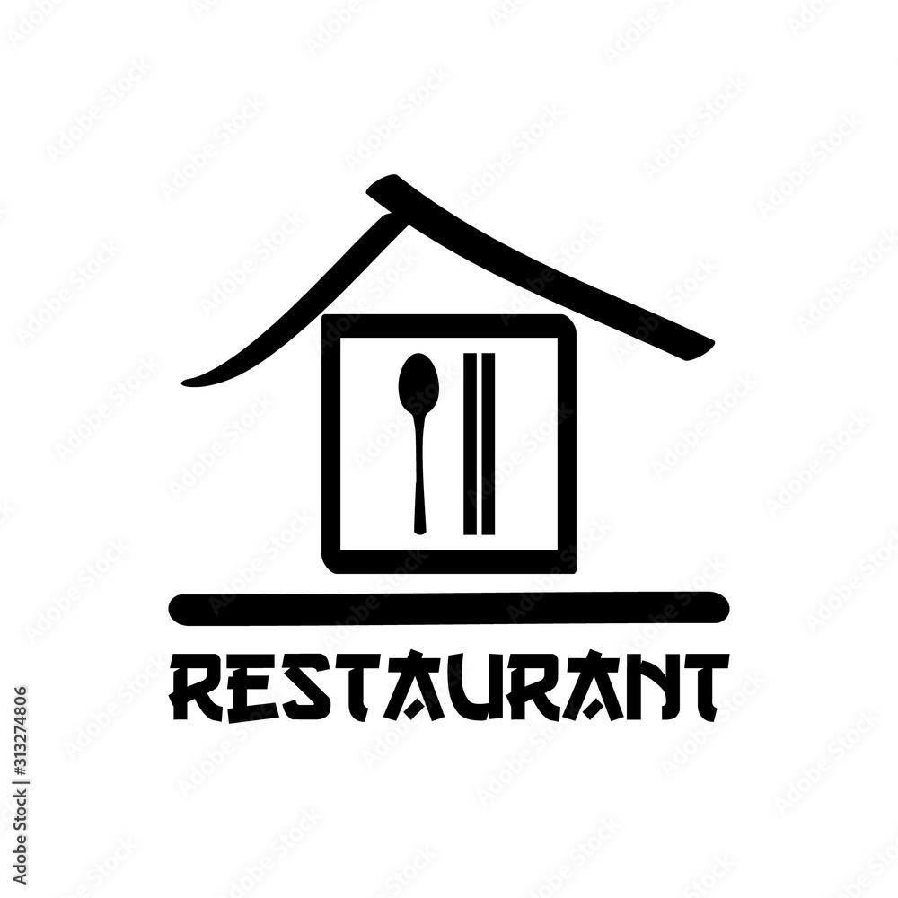 black and white simple restaurant logo and symbol with a Japanese or Chinese house with a spoon and chopsticks logo in the box black and white simple restaurant logo and symbol with a Japanese or Chinese house with a spoon and chopsticks logo in the box