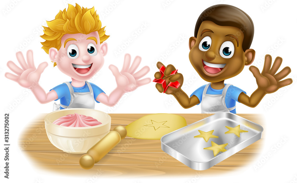Cartoon boys, one black one white, dressed as chefs or bakers baking cakes and cookies Cartoon boys, one black one white, dressed as chefs or bakers baking cakes and cookies