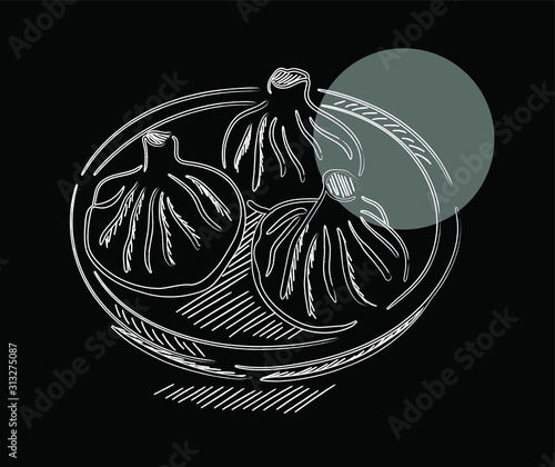Khinkali , georgian chalk vector food traditional isolated illustration on black background. Concept for logo, cards, menu 