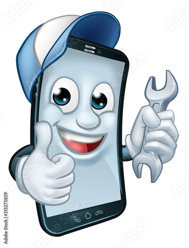 A mobile phone repair service or perhaps plumber or mechanic app cartoon character mascot holding spanner and giving a thumbs up.