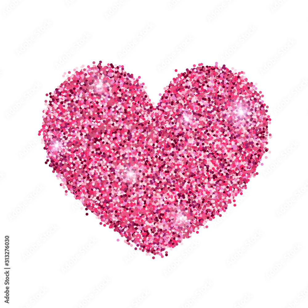 Decorative rose gold glitter shiny heart isolated on white. Pink glossy sparkles shape. Vector illustration for tag, flyer, web, banner, advert, sale, sticker, wedding, Valentines greeting card
