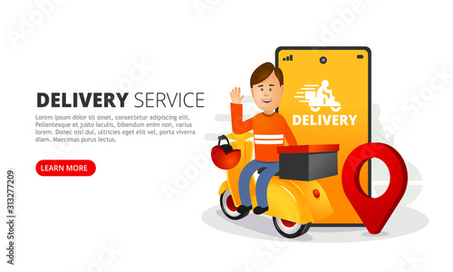 The delivery man delivers the box. A smartphone with a mobile app for tracking shipments.