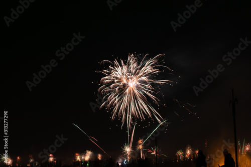2020 New Year colorful fireworks exploding on the sky above Lacul Morii Lake, Bucharest, Romania - 1/1/2020