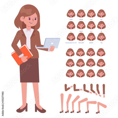 Business woman in suit creation set with various views, face emotions, poses and gestures. Front, side, back view animated character, separate body parts. Cartoon style, flat vector illustration.