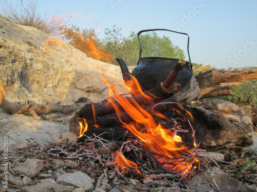 Obraz na płótnie A teapot on the Firewood in nature w salonie