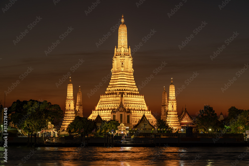 Wat Arun temple at twilight in Bangkok, Thailand.