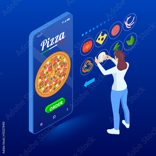 Ecommerce concept order food online website. Fast food pizza delivery online service. Flat isometric vector illustration. Can be used for advertisement, infographic, game or mobile apps icon.